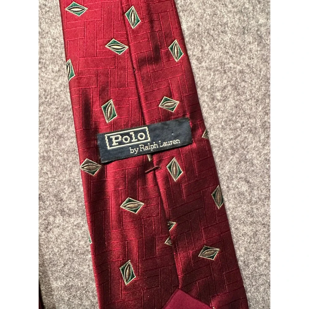 Polo Ralph Lauren Mens Silk Tie Burgundy Red Geometric Diamond Hand Made USA